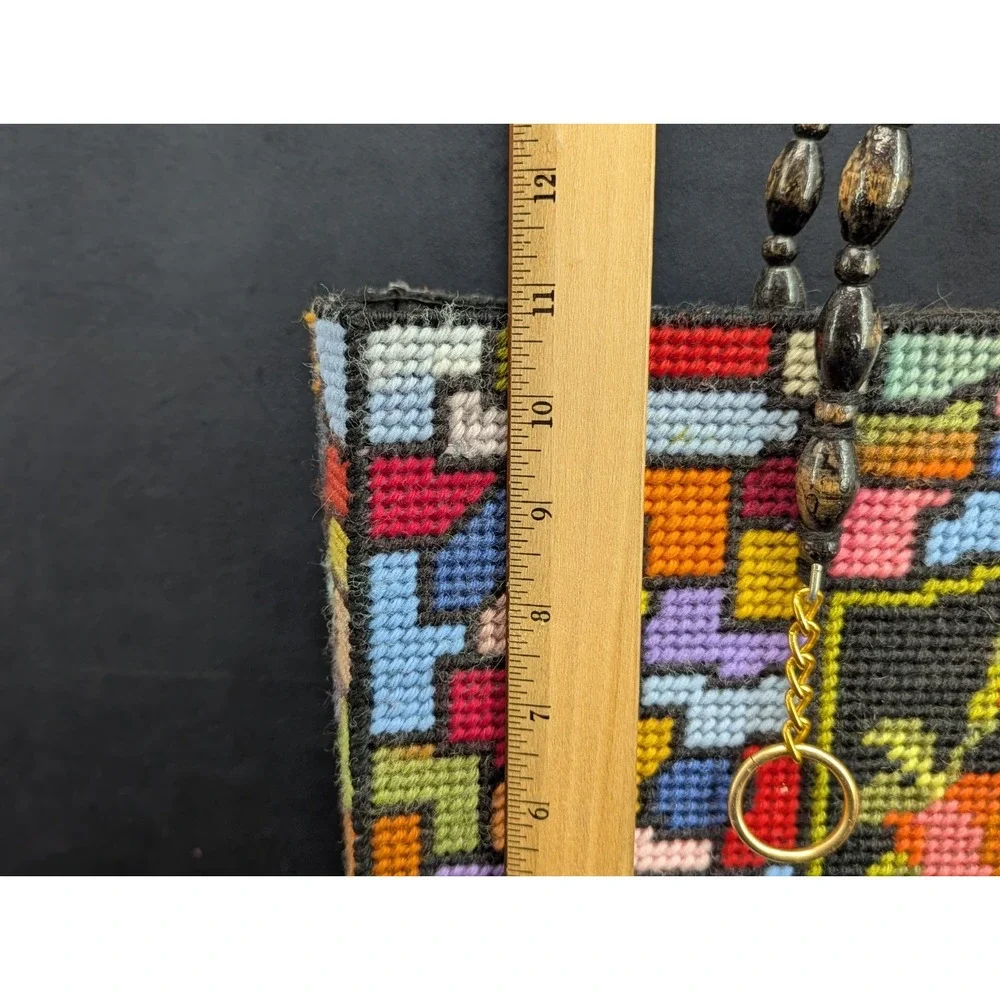VTG Handmade Plastic Canvas Bead Handle Purse Tote Roses Geometric Shapes NM
